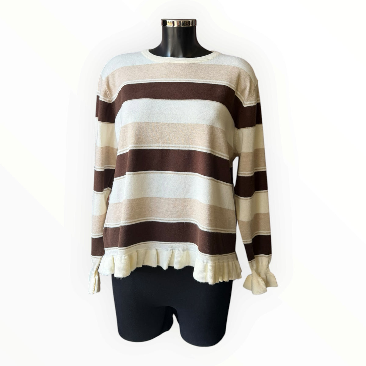 Una striped frill sleeve and hem jumper - Brown mix