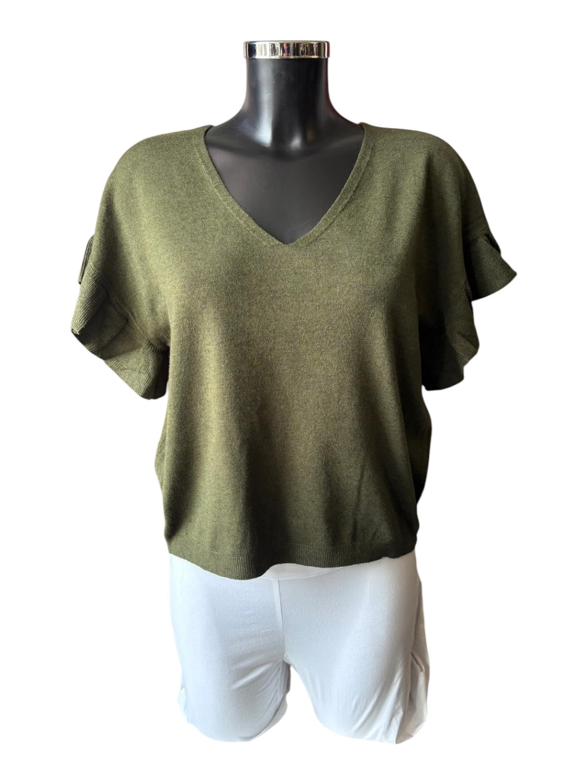 Anya frill sleeve fine knit short sleeve jumper - Khaki