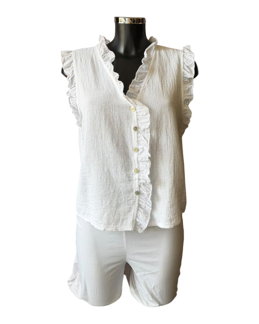 Casey range frill trim waistcoat top - white