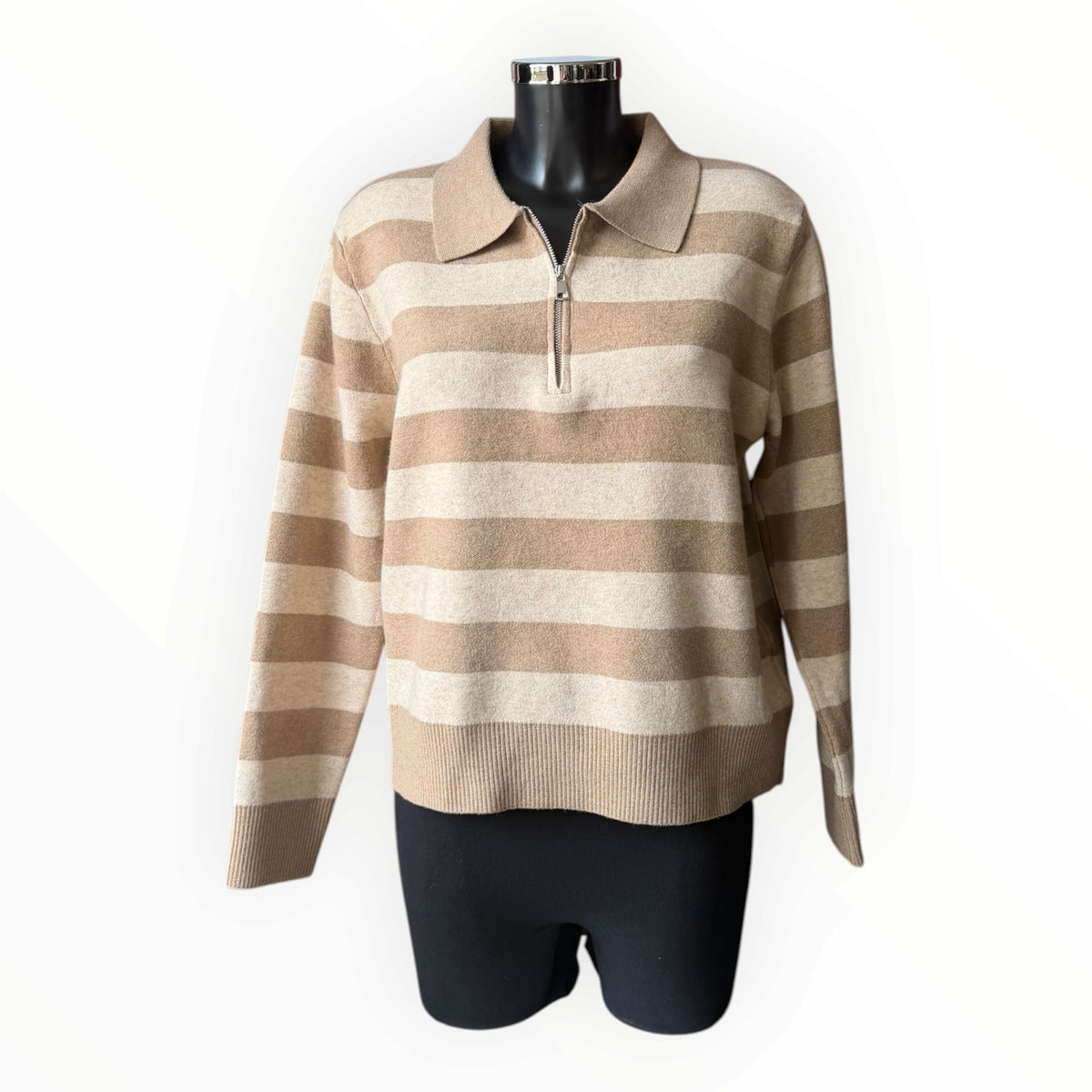 Georgia zip neck broad stripe jumper - taupe mix