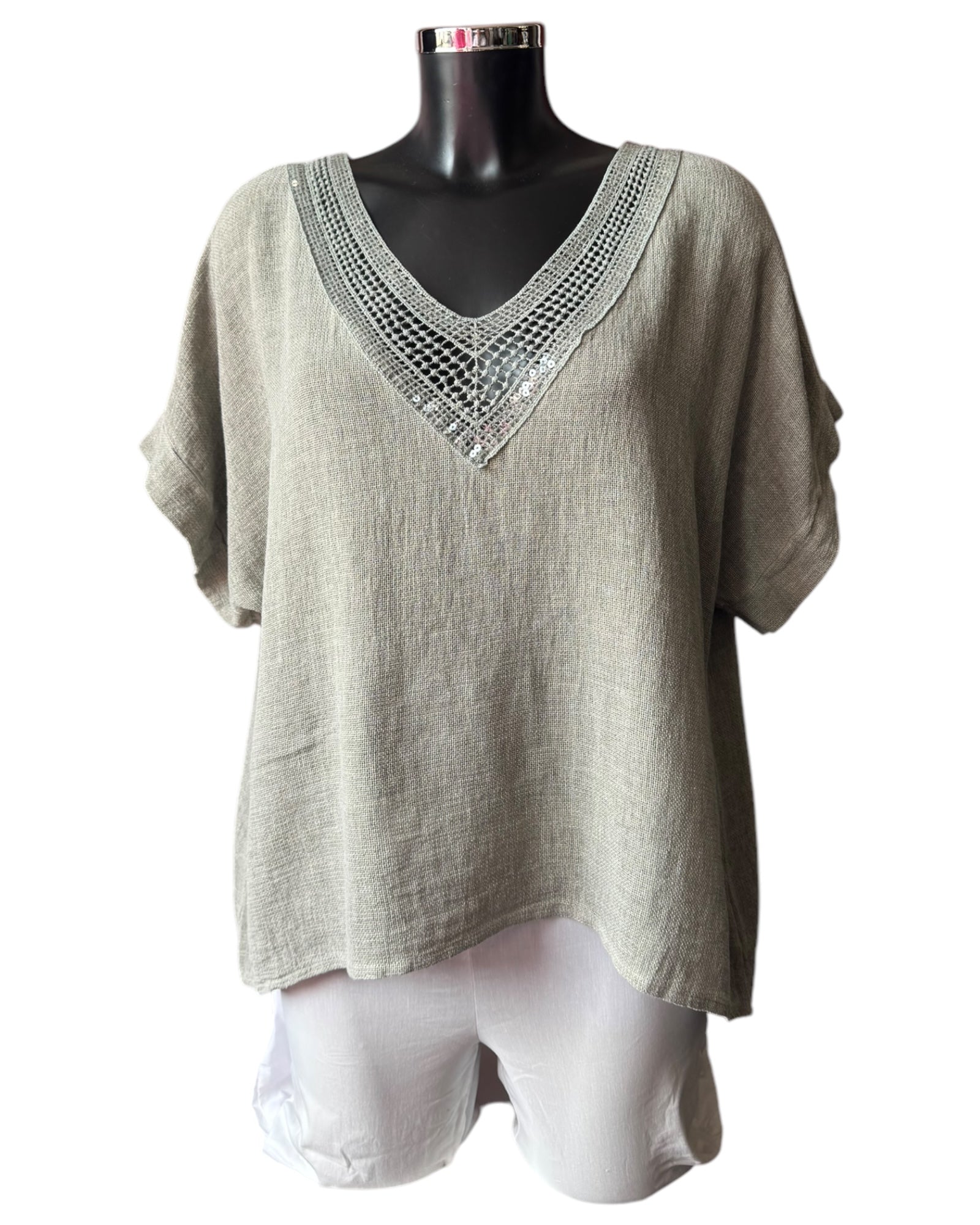 Casey range sequin v neck top - khaki