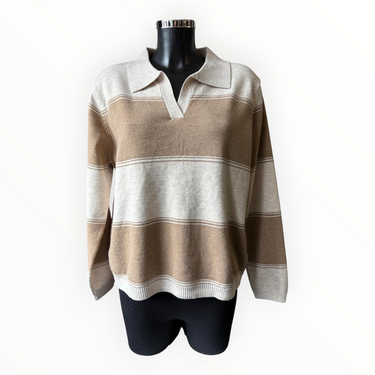 Sally polo collar striped jumper -  Beige mix