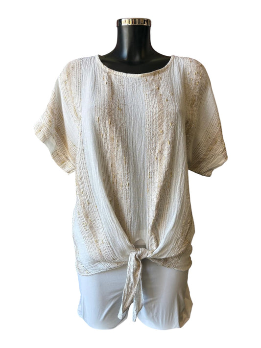 Caprice range linen and cotton gold thread tie front top