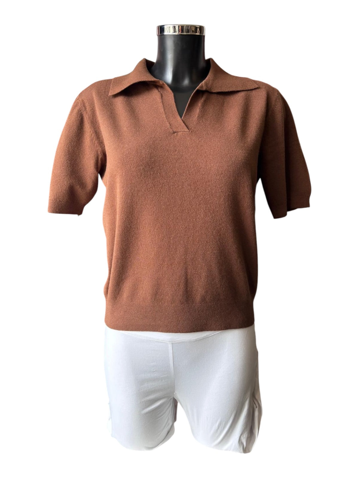 Carla fine knit short sleeve collared jumper - Chocolate