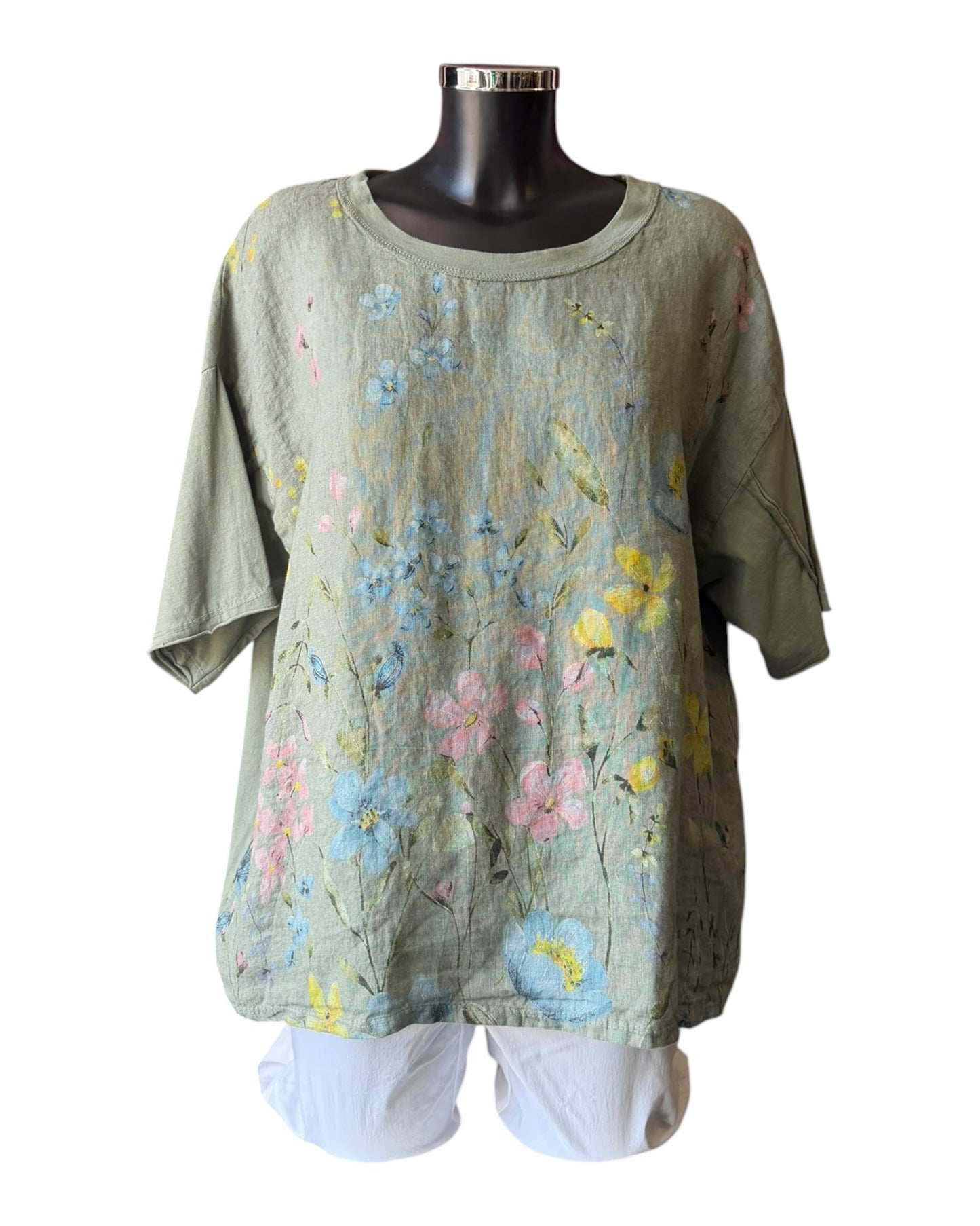 Amilla small flowers linen mix top - Khaki