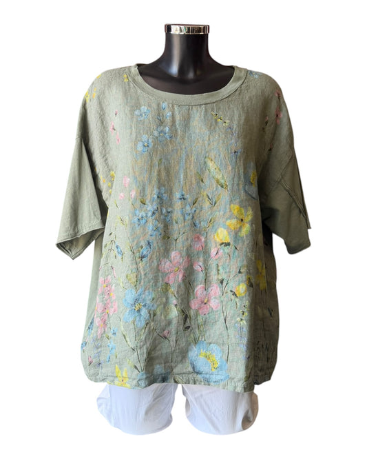 Amilla small flowers linen mix top - Khaki