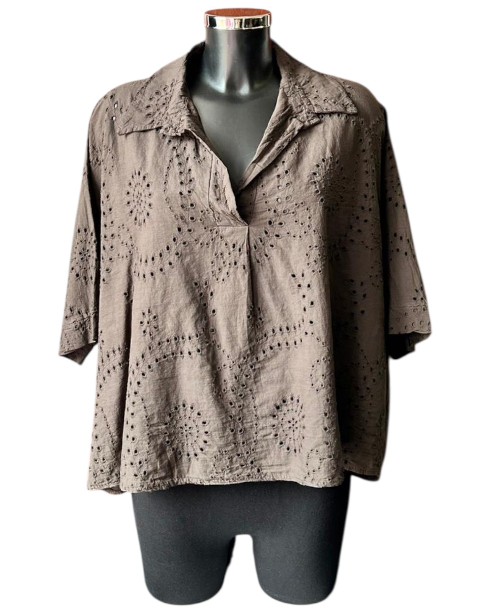 Natasha cutwork collared top - Chocolate