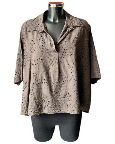 Natasha cutwork collared top - Chocolate