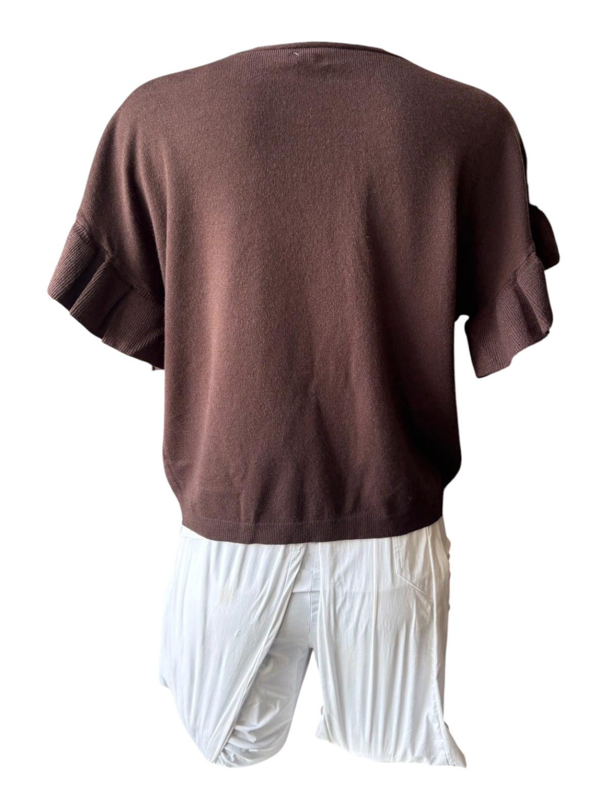Anya frill sleeve fine knit short sleeve jumper - chocolate