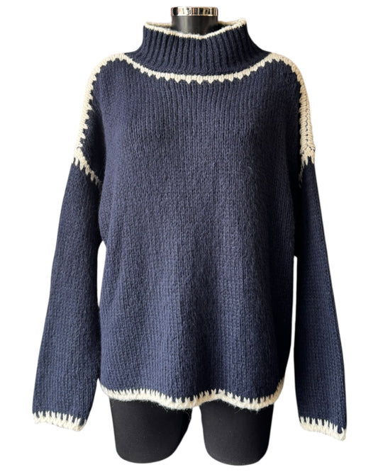 Jessie contrast stitch high neck jumper - Navy