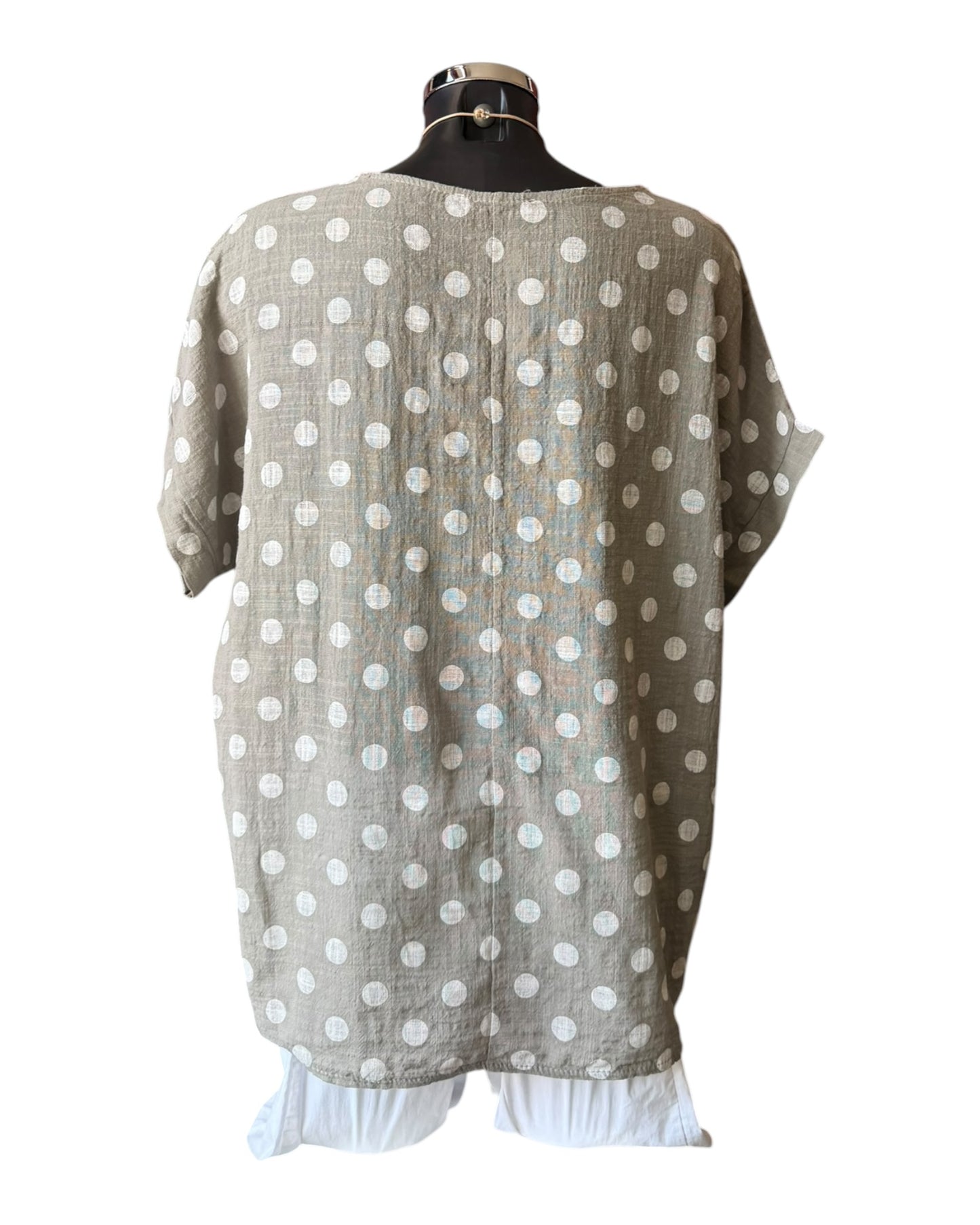 Polly polka dot cotton top & necklace - khaki