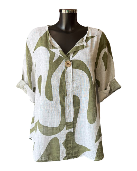 Diana abstract cotton single button top - Khaki