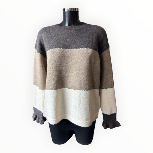 Clara colour block frill cuff jumper - brown mix