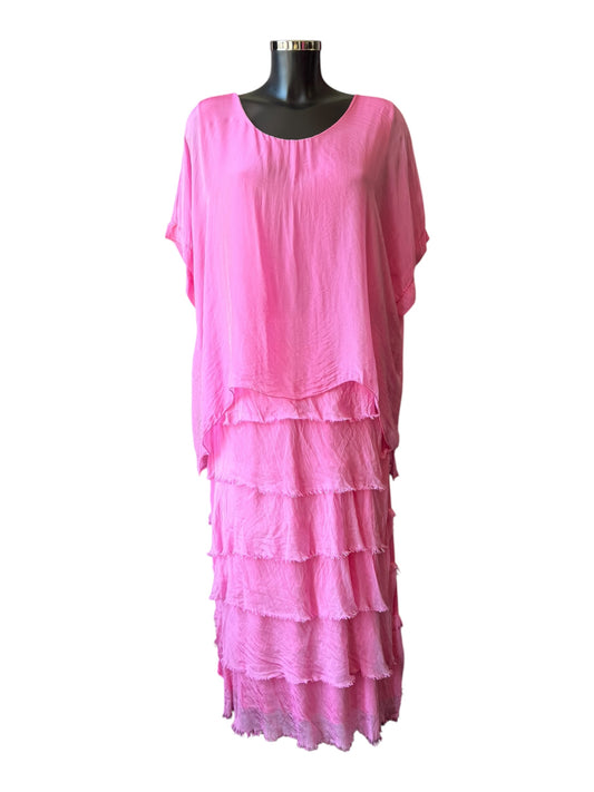 Sasha silk range mock 2 piece layers dress   - Candy pink