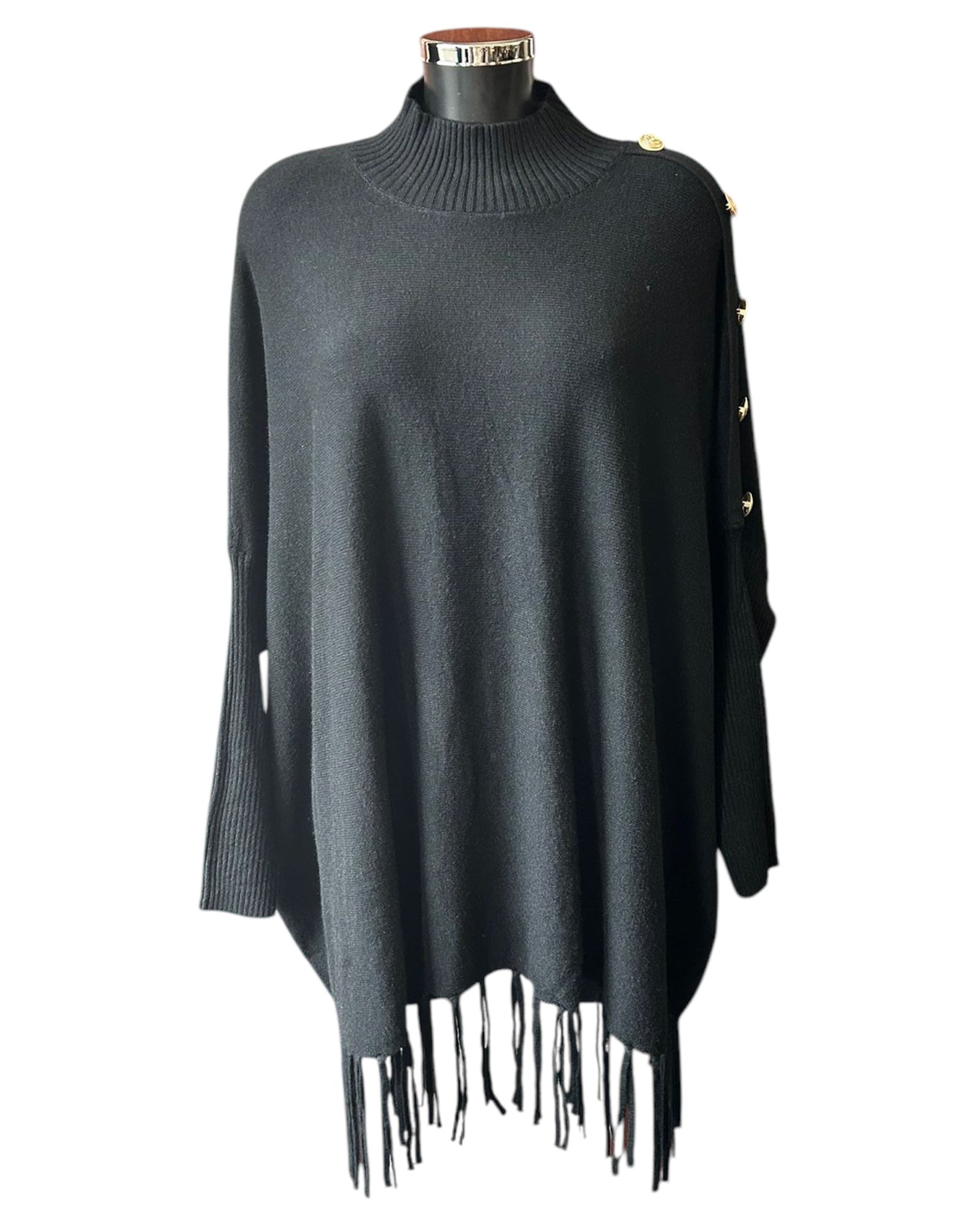 Lexi button shoulder tassel hem jumper - Black