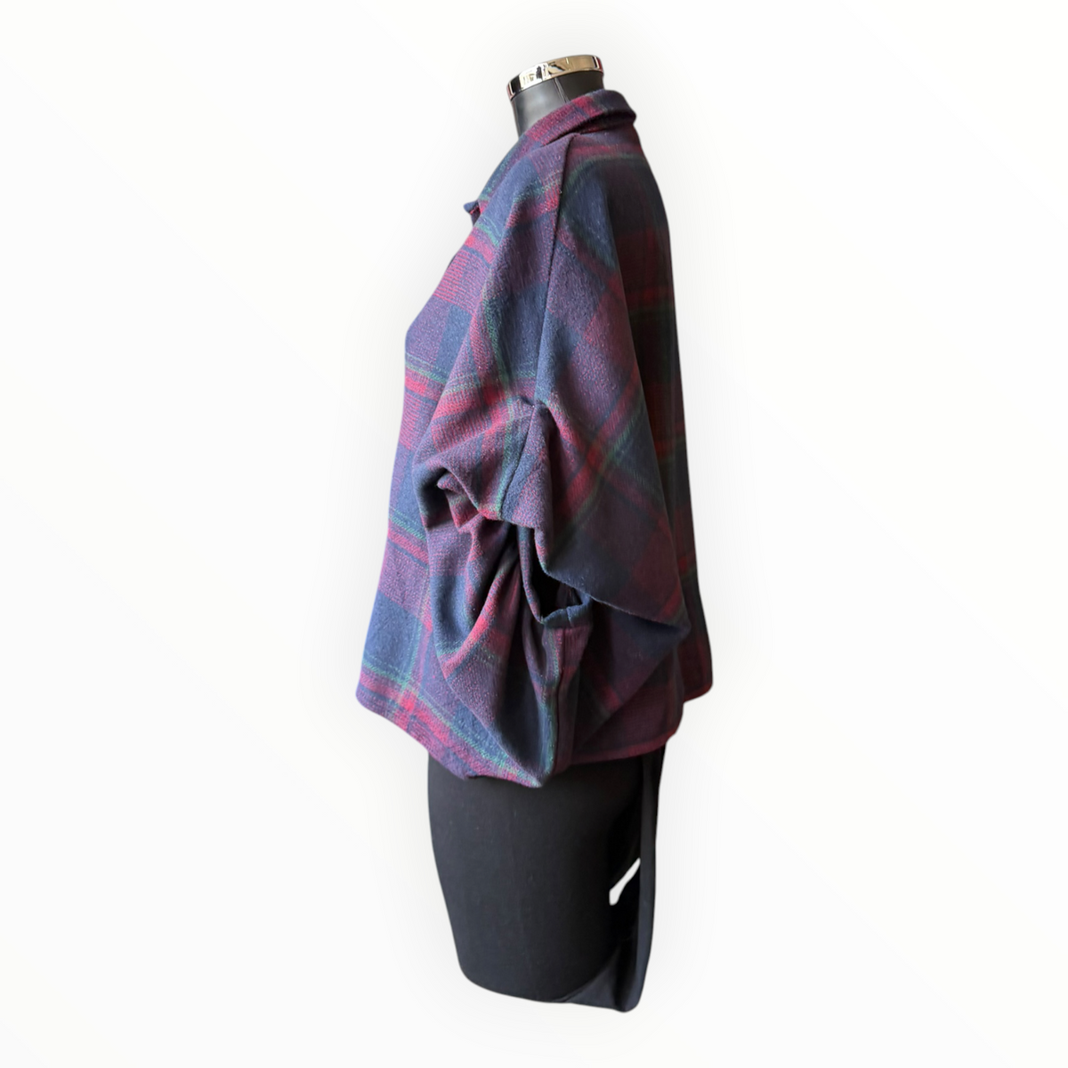 Charlie puff sleeve tartan coatigan navy and plum