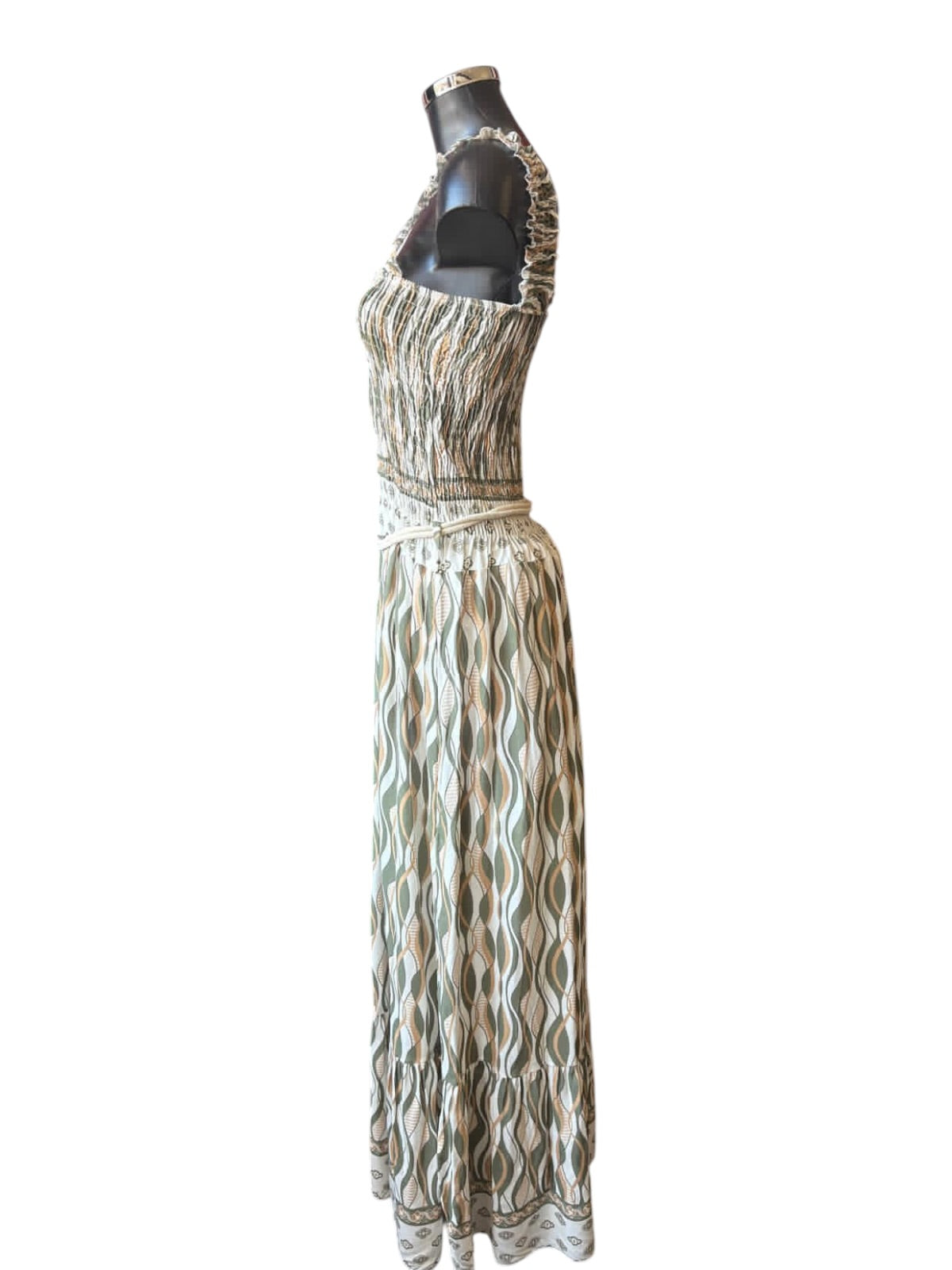 Gloria geo pattern maxi dress with belt - Khaki