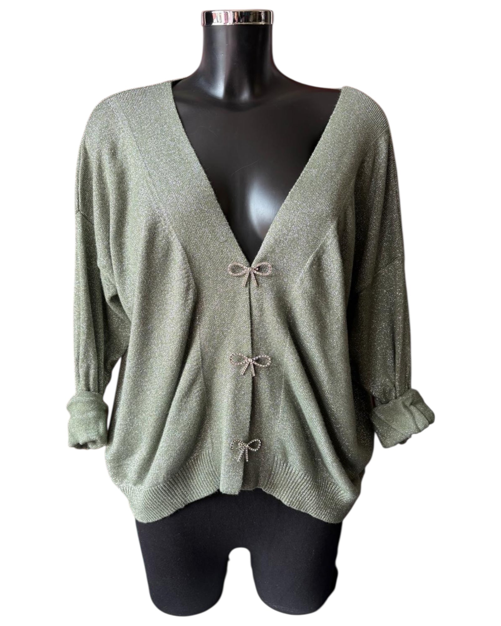 Freya sparkle knit bow fastening cardigan - Khaki