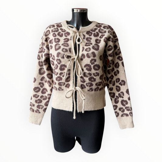 Tori animal print short tie cardigan - Beige