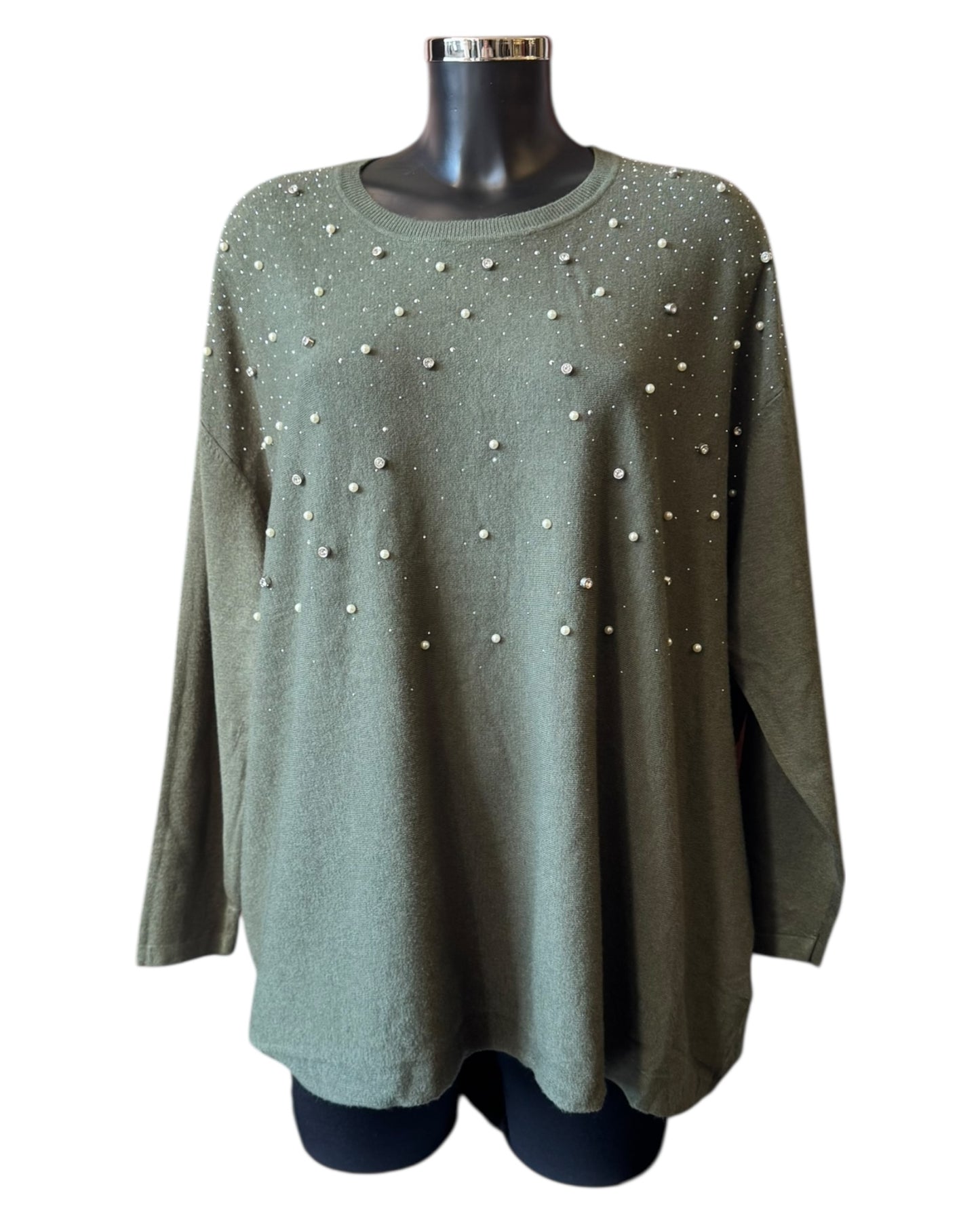 Hannah oversized pearl appliqué jumper - Khaki