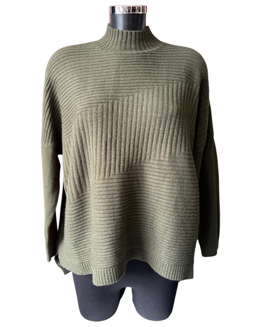 Zina boxy ribbed funnel neck soft knit jumper - Khaki