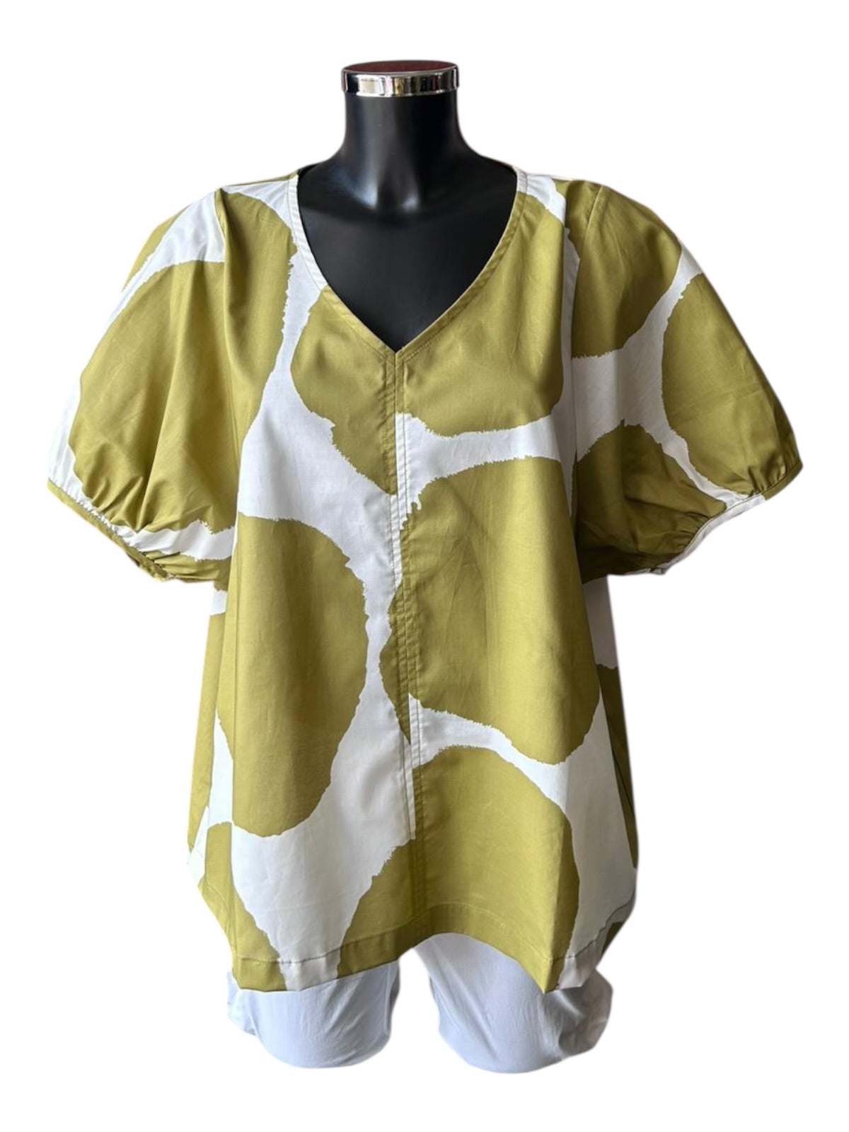 Tirelli bishops sleeve poplin top - chartreuse/White