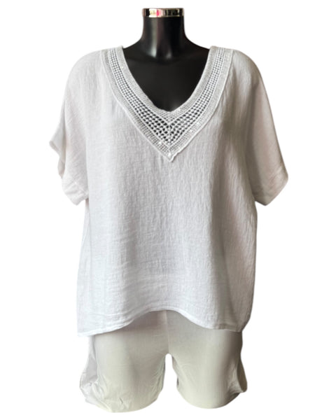 Casey range sequin v neck top - White