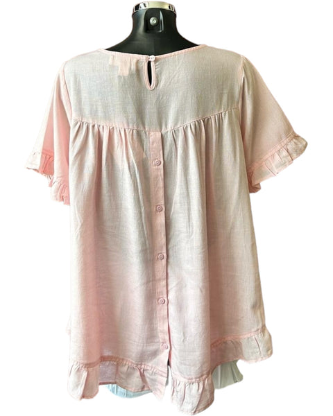 Orientique frill hem button back top - Strawberry cream