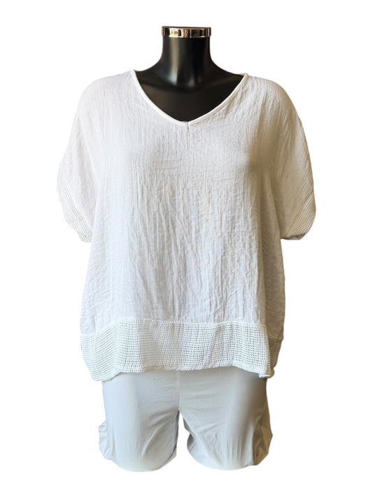 Ellie v neck mesh trim top - White
