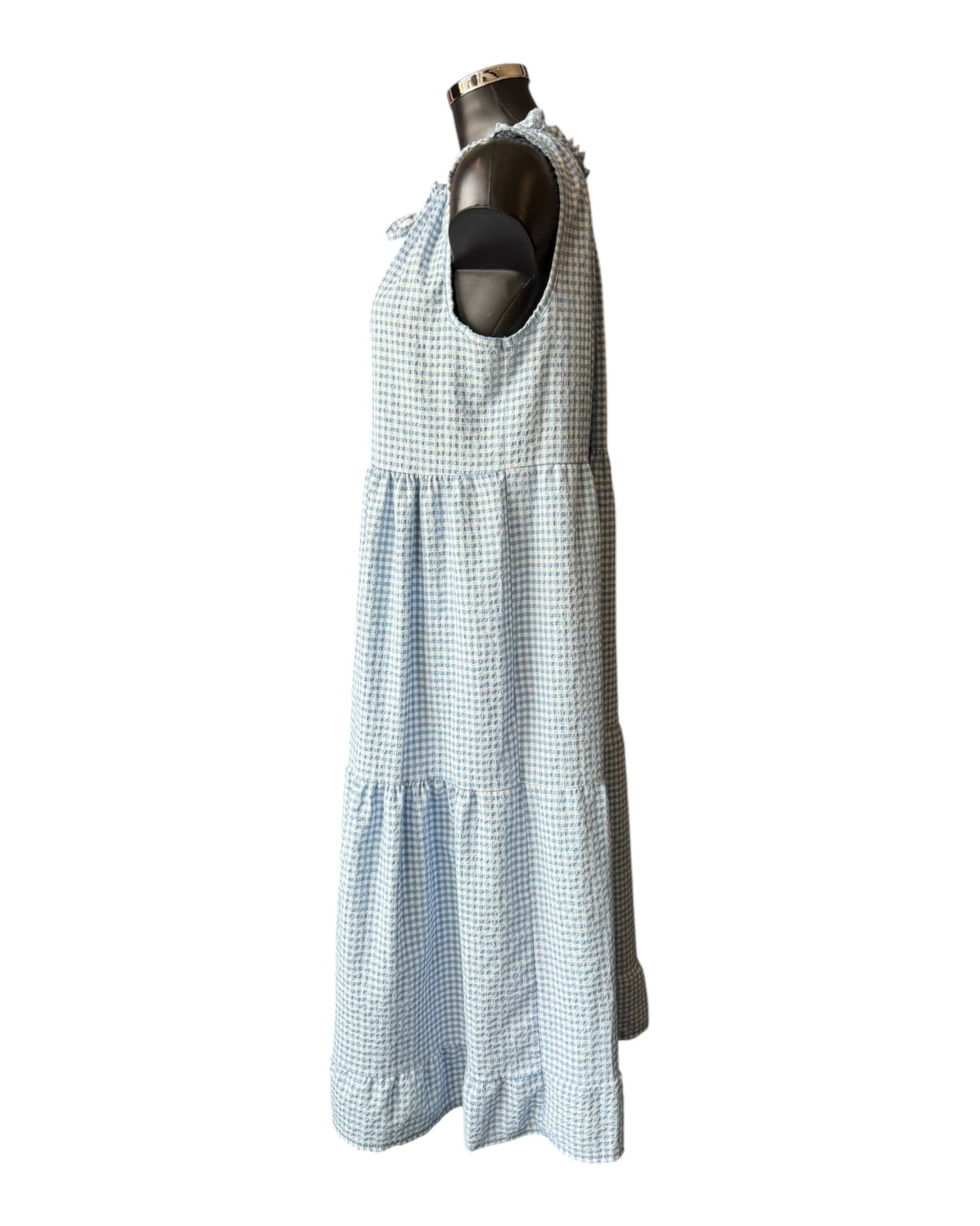 Gia gingham check tie neck dress - blue