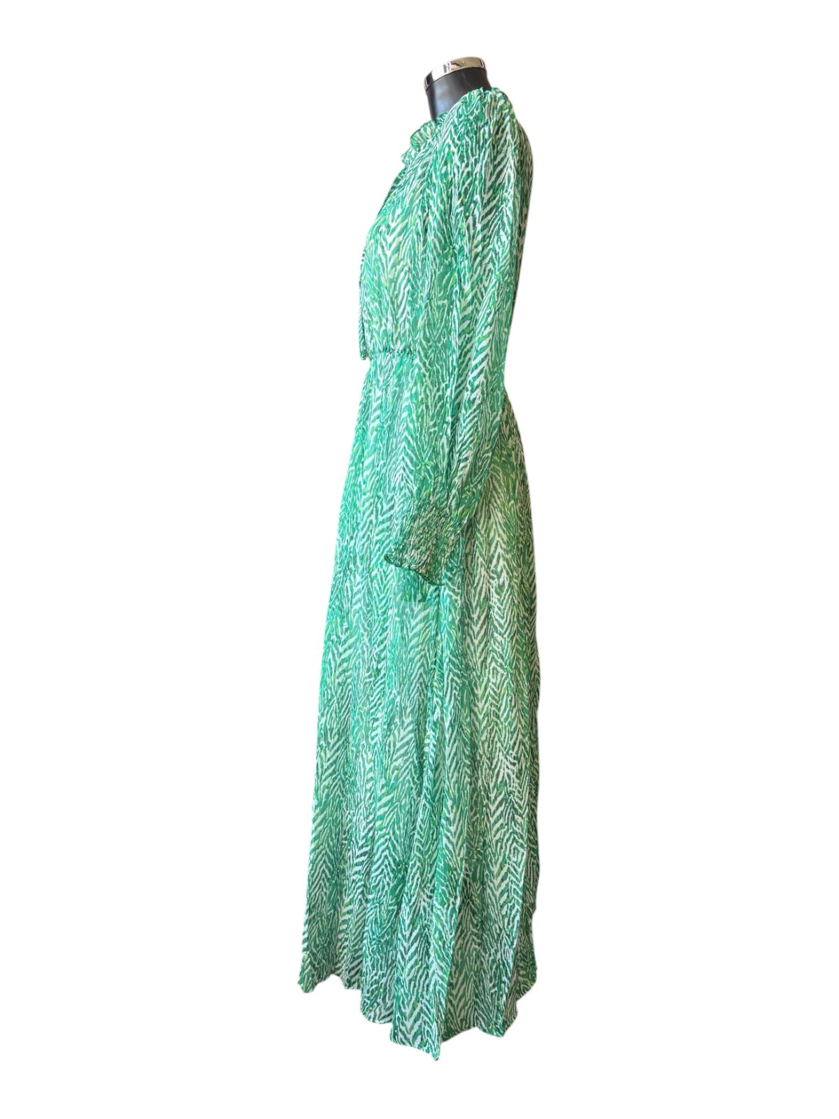 Abbie shirred shoulder chiffon midi dress - Green chevron