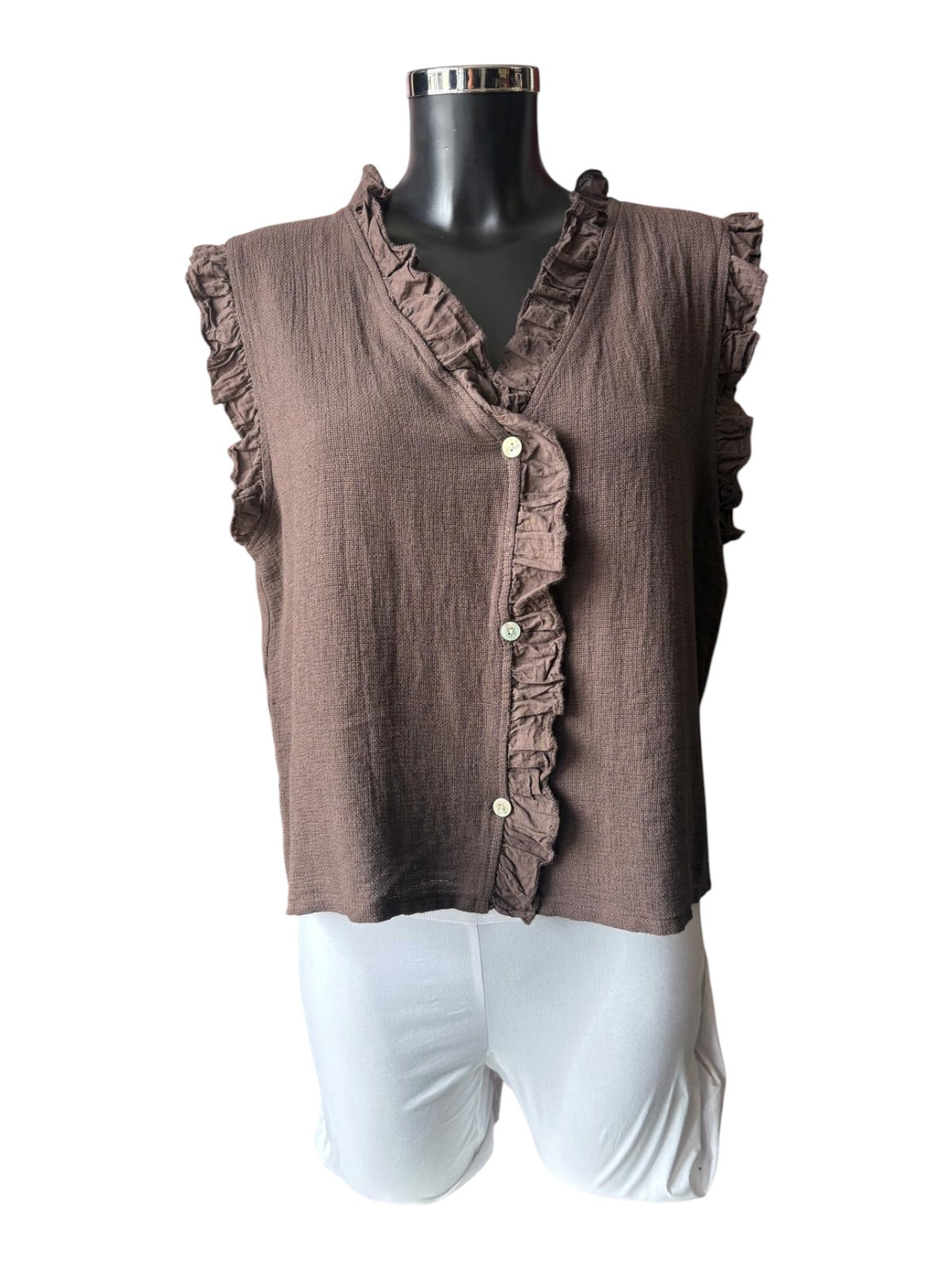 Casey range frill trim waistcoat top - Chocolate