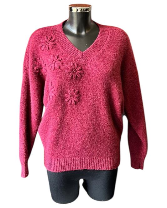 Rosey v neck appliqué flower jumper - Bordeaux