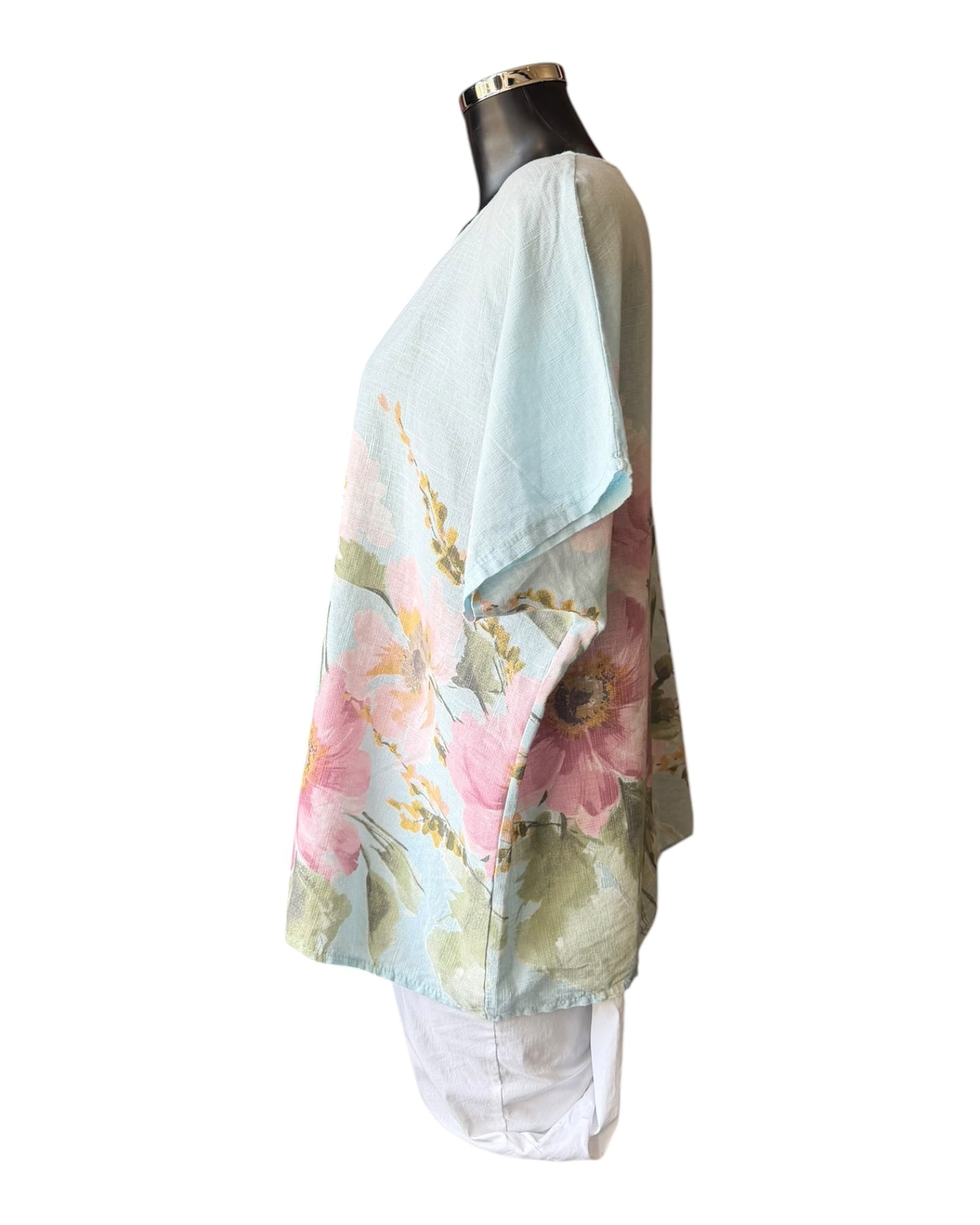 Amilla big flower linen mix top - blue