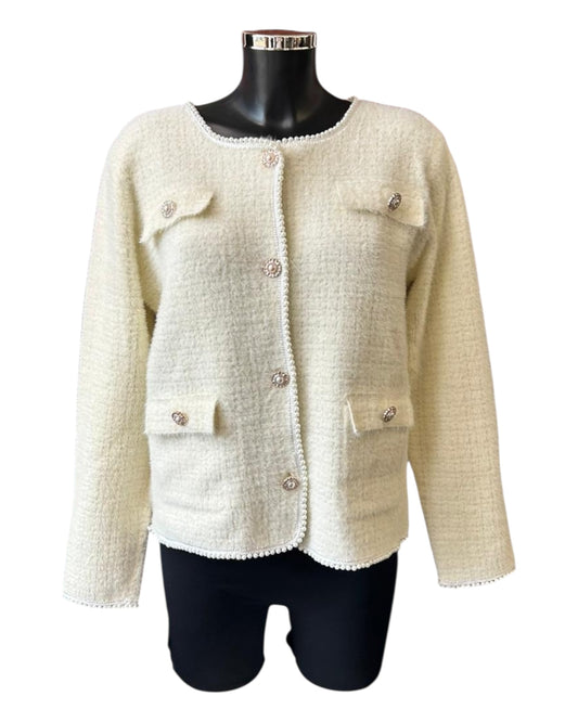 Chantelle pearl detail fluffy knit cardigan - Cream