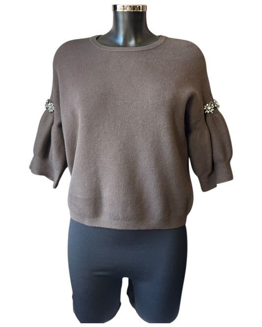 Eliza diamond puff sleeve short jumper - Chocolate