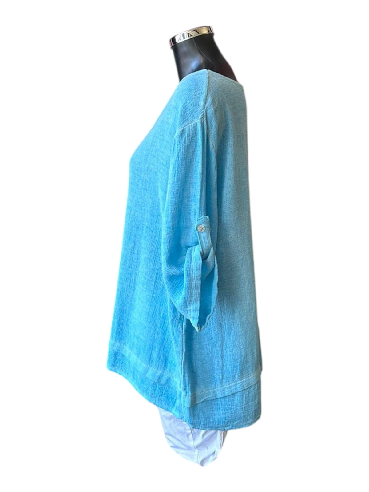 Casey range button sleeve layered hem top - Aqua