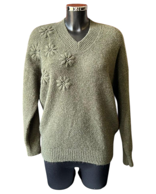Rosey v neck appliqué flower jumper - Khaki