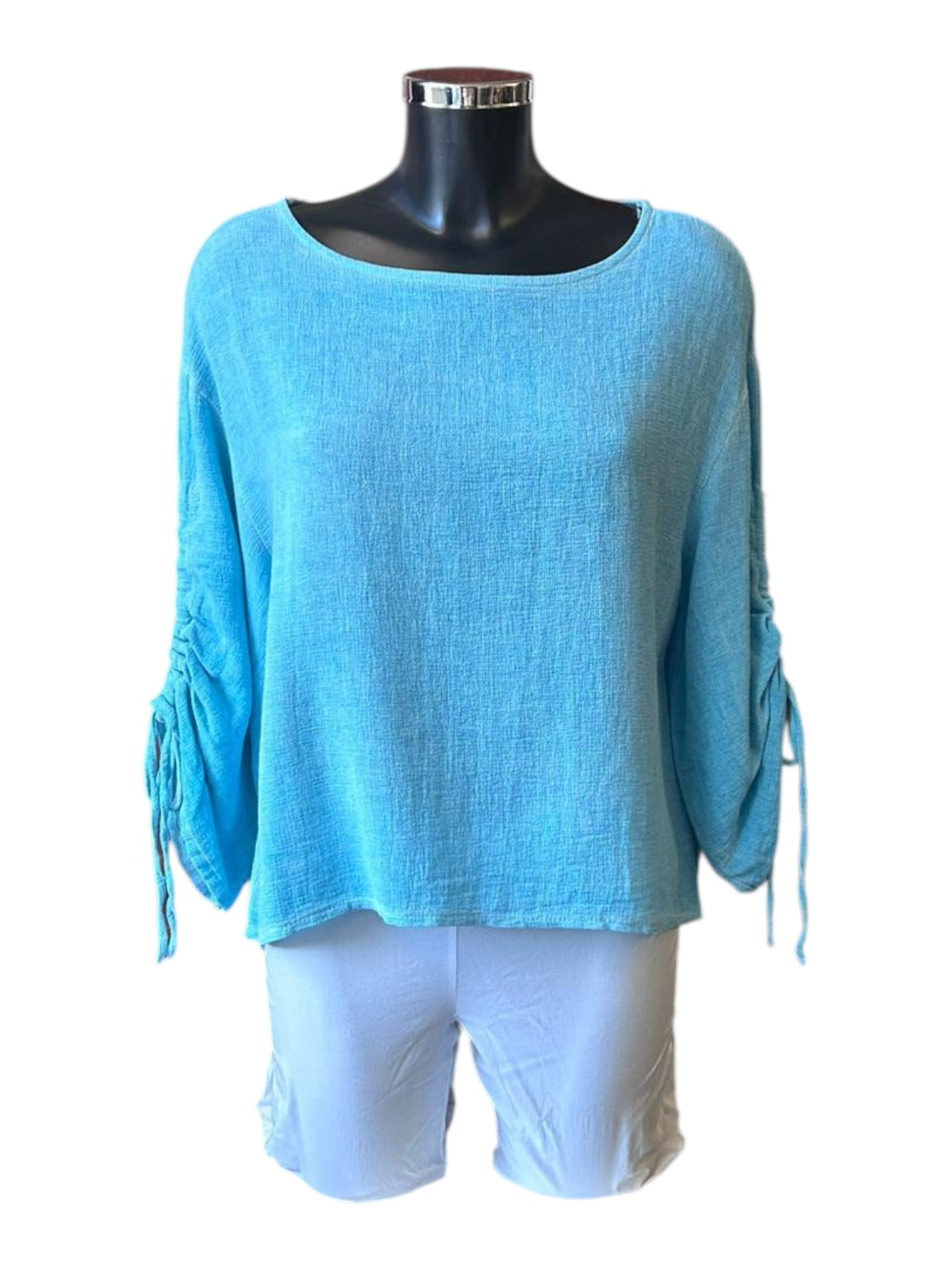 Casey range ruched sleeve top - Aqua