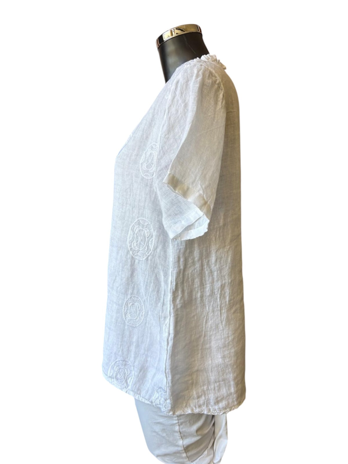 Lisa v neck white embroidered circles linen top