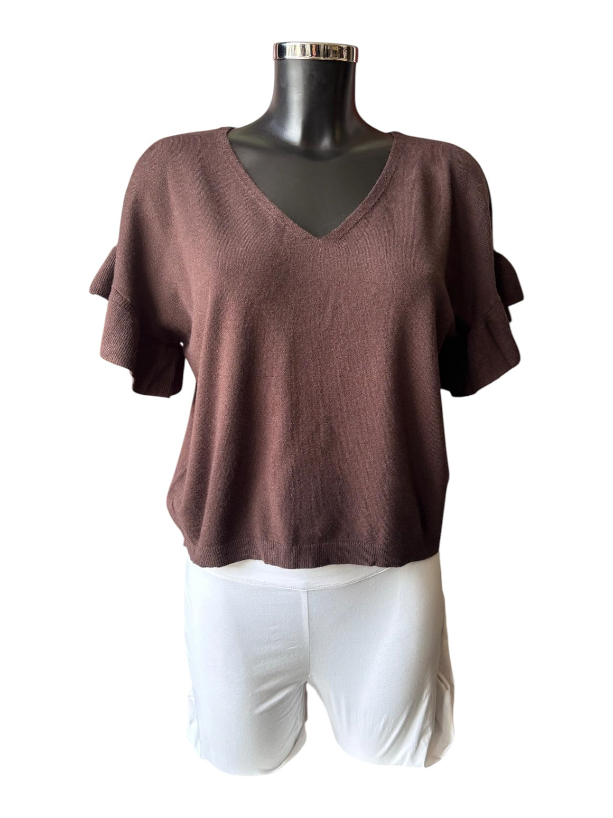 Anya frill sleeve fine knit short sleeve jumper - chocolate