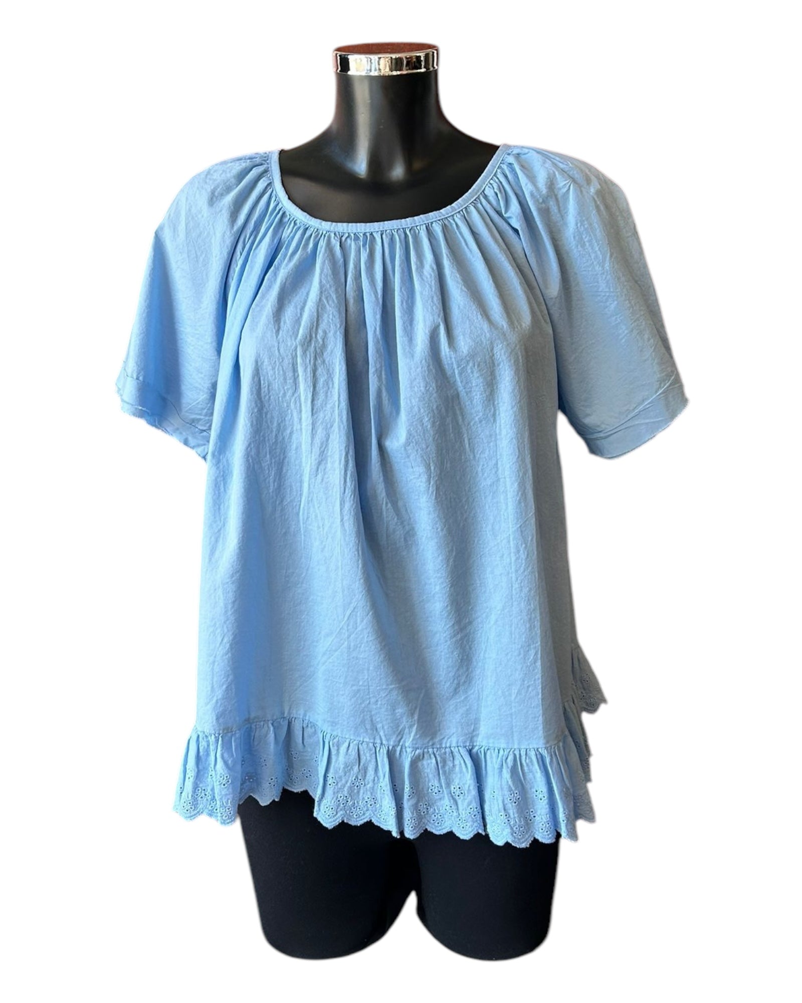 Katie cotton frill anglaise hem top - blue