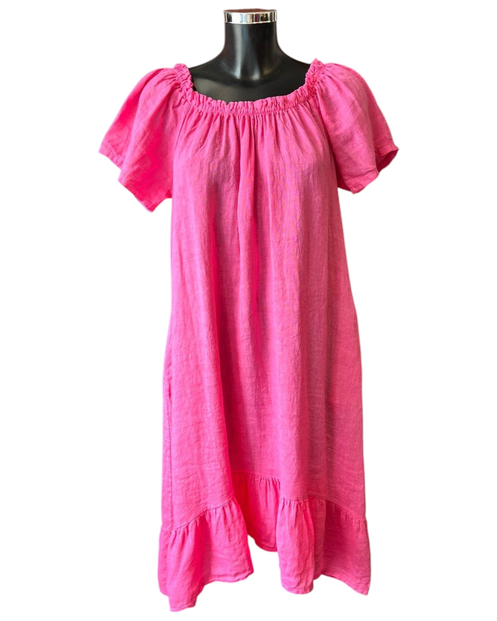 Maisie linen long on/off shoulder dress - cerise