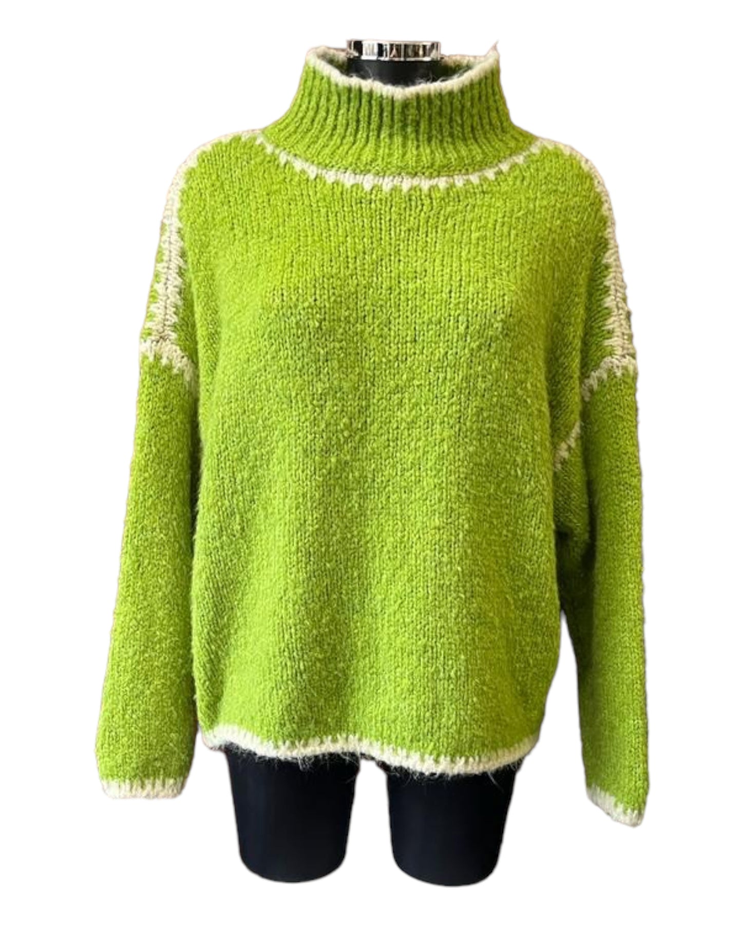 Jessie contrast stitch high neck jumper - Lime/cream