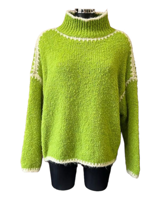 Jessie contrast stitch high neck jumper - Lime/cream