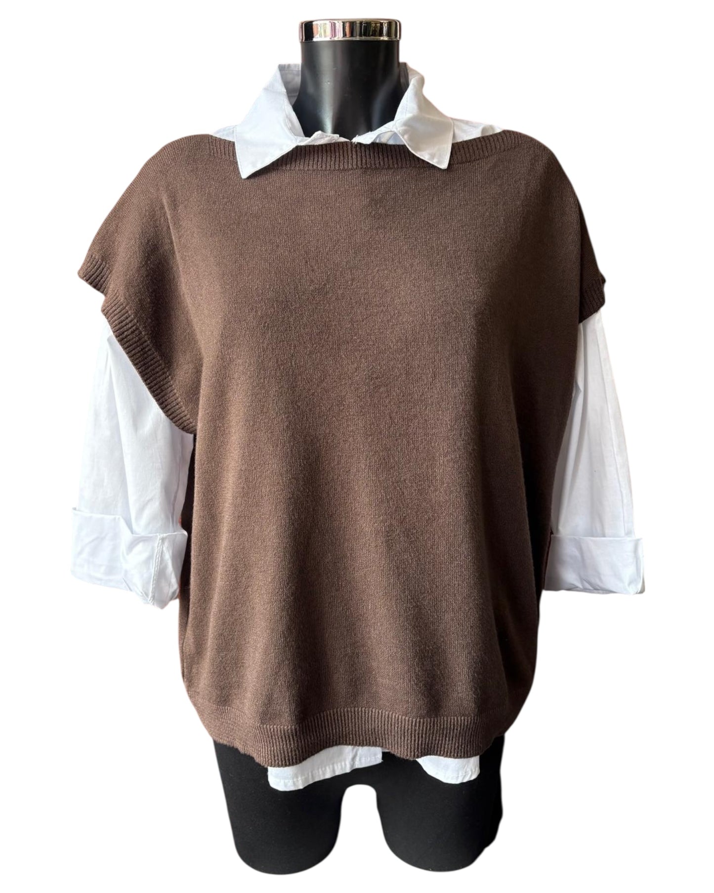Yasmin 2 piece button back jumper & shirt  - chocolate