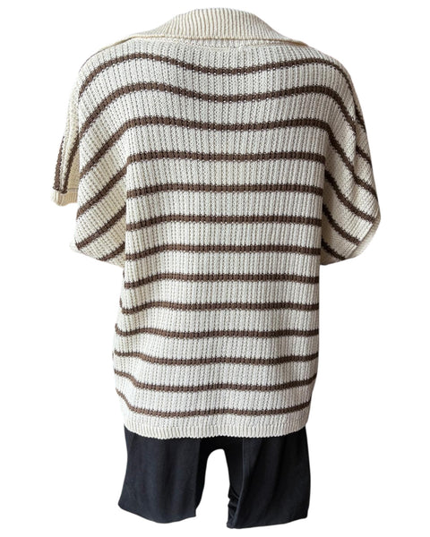 Ella striped short sleeve collared jumper - Brown and cream