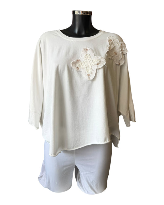 Alexis applique flower batwing top - Ivory