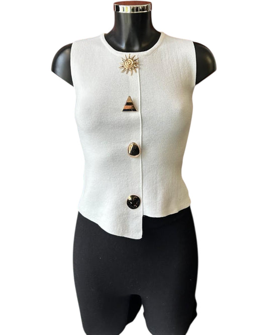 Gloria gold button fitted top - ivory