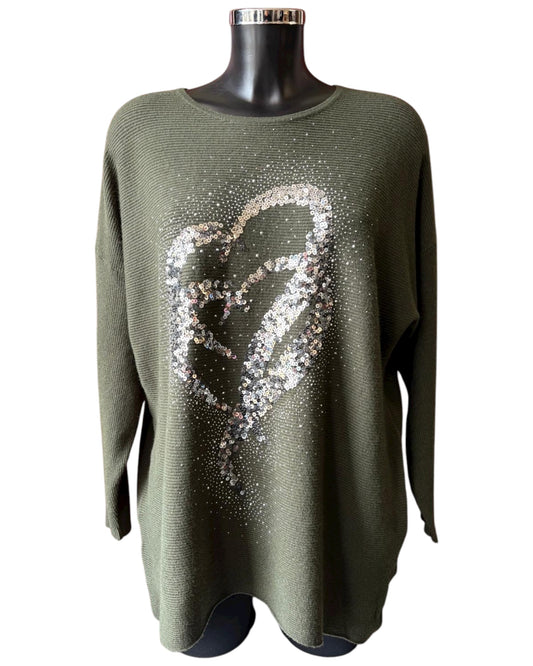 Veronica ribbed sparkle hearts jumper - Khaki